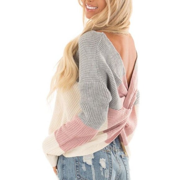 Women's Main Strip Striped Knot Back Sweater in Mauve Size Small - Picture 2 of 9